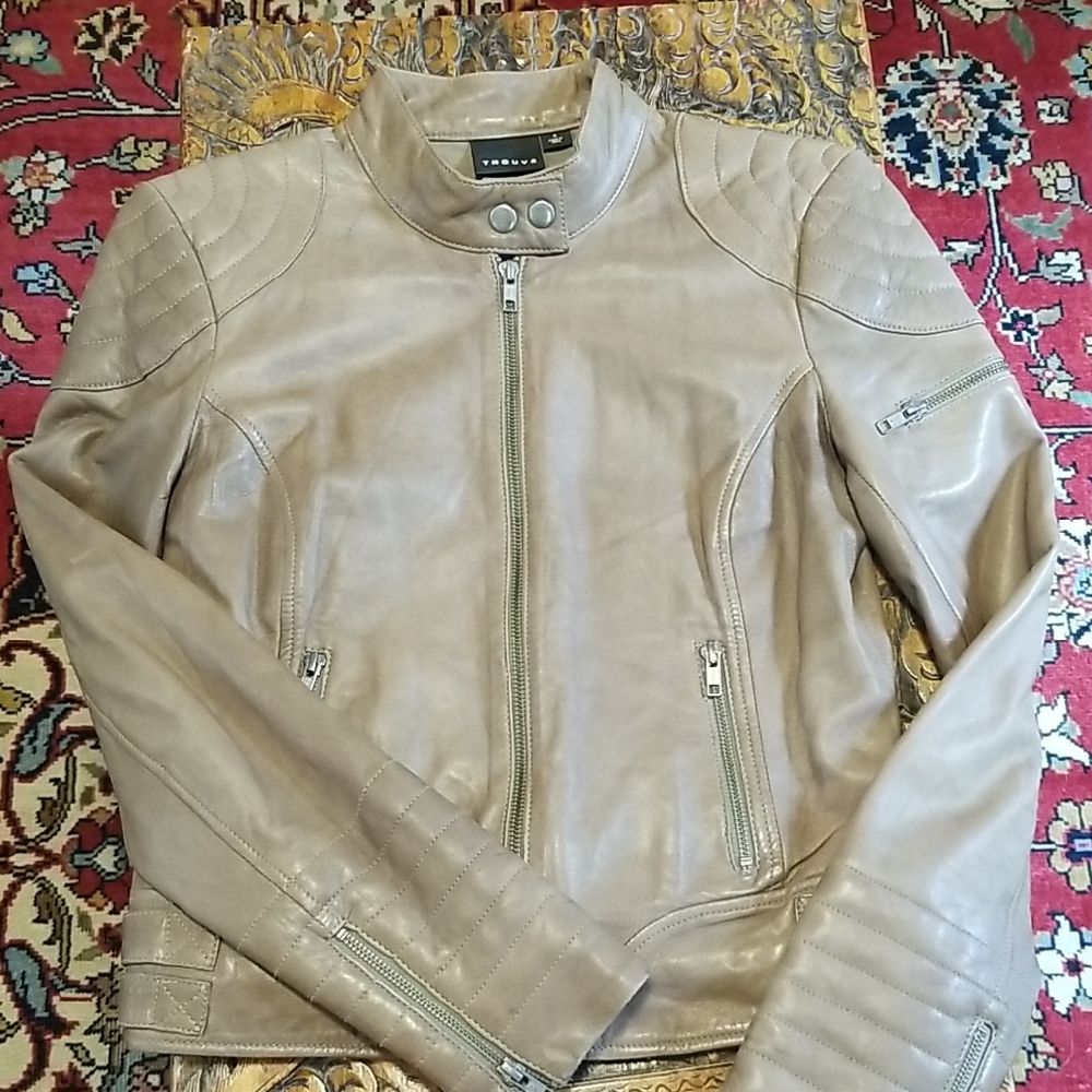 TROUVE Leather Moto Jacket Taupe Small